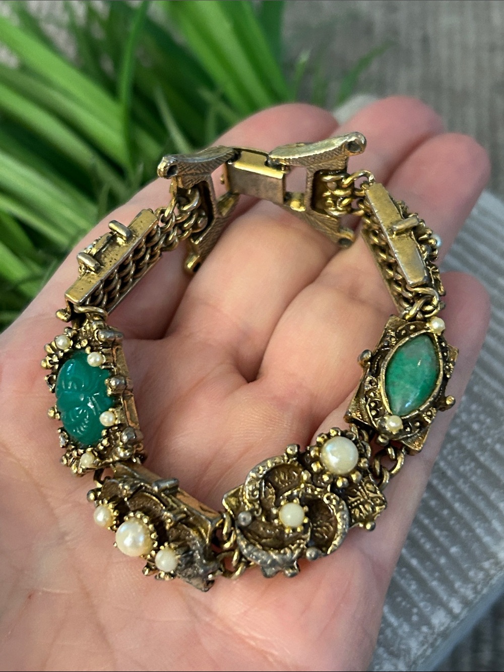 vintage gold tone panel bracelet green stone accents and faux pearl